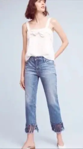 Pilcro and the Letterpress Pilcro medium wash cropped “hyphen” jeans with fringe detail