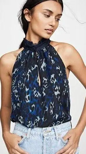 Ramy Brook Blue Allymay Sleeveless Mock Ruffle Leopard Top Blouse Silk Small