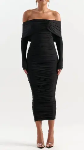 Naked Wardrobe NWT The Shoulderless Ruched Midi Dress in Black