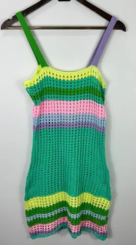 Crochet Knit Mini Dress XS Rainbow Stripe Mesh Y2K Festival Rave Beach Indie