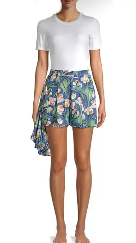 PATBO FLORAL BLUE GREEN TROPICAL RUFFLE SIDE HIGH RISE WAIST SHORTS 6