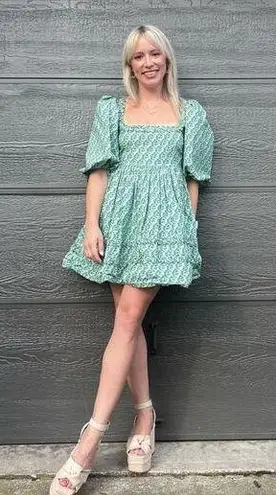 RHODE Green Printed 100% Cotton Hourglass Square Neck Daya Mini Dress Size 6