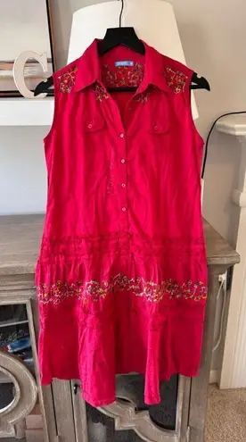 Ginger Red Embroidered Sleeveless Mini Dress Button Down Size Medium