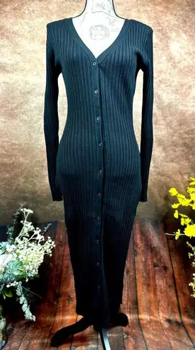 LITA By Ciara Icon Rib V Neck Cardigan Button Front Midi Dress Black M Size M