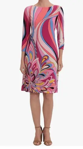 London Times Dress 3/4 Sleeve Knee Length-Sz 12 Navy Pink-Flower Flourish Swirl