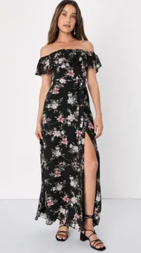 Lulus Black Off The Shoulder Floral Chiffon Dress