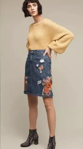 Anthropologie Gardener’s Denim Embellished Skirt Cecilia Prada SP Appliqué Rose