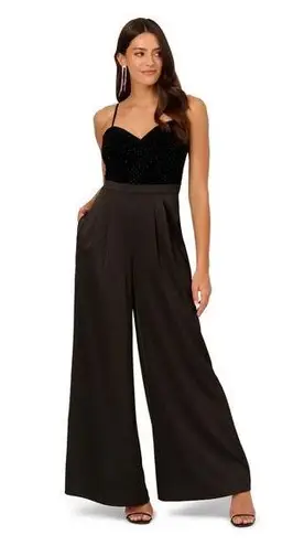 LIV FOSTER WIDE LEG JUMPSUIT WITH METALLIC DOT VELVET BODICE IN BLACK sz 14