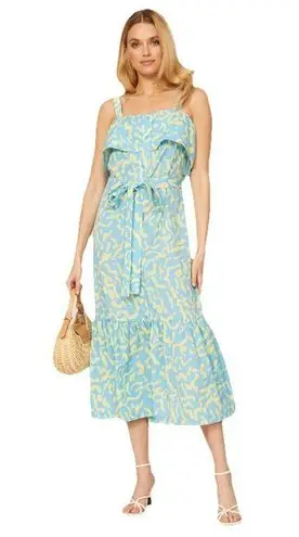 Derek Lam Collective Scribble Tie Tiered Midi Blue Yellow Dress Women Size 42/6