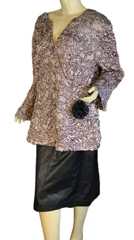 CACHET TAUPE & BLACK CRINKLED COCKTAIL TOP W/SEQUINS AND BLACK ROSETTE (3X) Brown