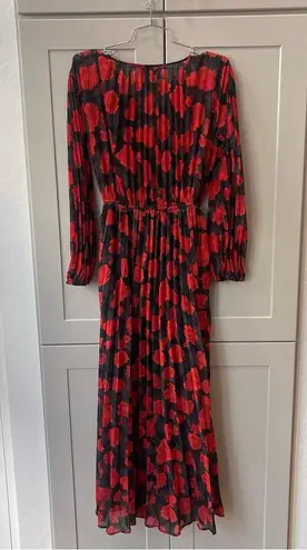 The Kooples  Floral Pleated Black Red Absract Roses Maxi Longsleeve Dress Scarf