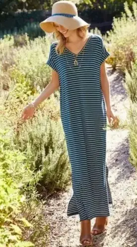 Matilda Jane Set Sail Maxi Dress Teal Blue Green White Striped Pockets VNeck XL