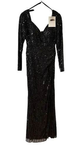 Mac Duggal 5379 High Slit Sequin Dress Long Sleeve Sz 4 Espresso Formal NWT $498