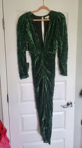 Torn By Ronny Kobo Ronny Kobo Astrid Ruched Jacquard Green Velvet Long Sleeve Silk Blend Dress. A14