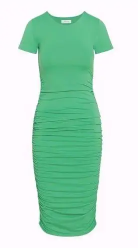 Babaton Aritzia Contour Ruched Short Sleeve Midi Dress in Nature Green 2XS