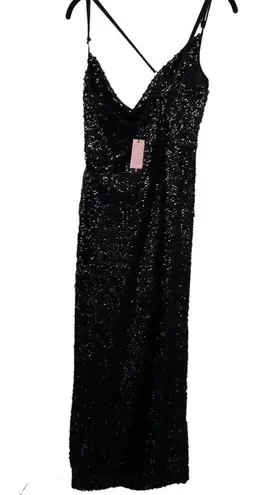 Pretty Little Thing NWT  Black Textured Sequin Cowl Neck Thigh Split Maxi Dress 12