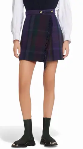 Sandro Rosiere Fringe Blue Green Burgundy Plaid Skirt Size 38 or 6