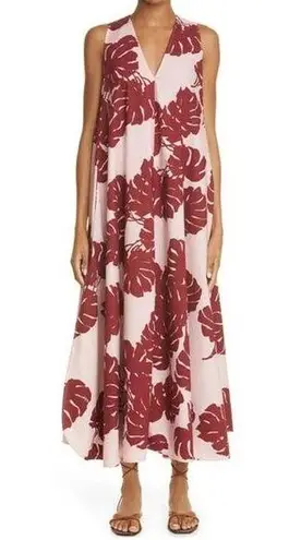 LaDouble J Selva Sleeveless Cotton Tent Dress Pink Red Monstera Tropical Leaf S