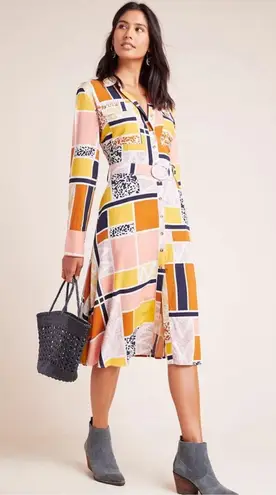 ANTHROPOLOGIE THE ODELLS Nouveau Shirt dress Patch mixed pattern Size Medium Yellow