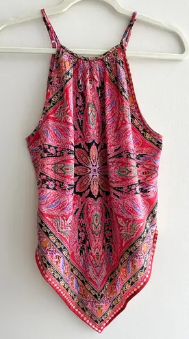 Bog Collective Bandana Tank Top, Pink Floral Bohemian Spaghetti Strap, Small