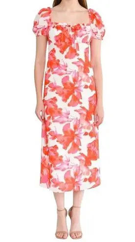 WAYF NWT Felicity Floral Pink Midi Dress in Coral Pink Hibiscus, Small