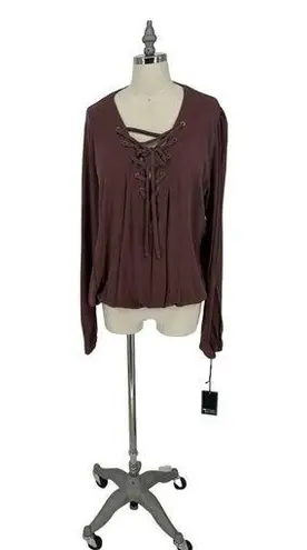 Michael Lauren Top Women's Small Brown Becker Long Sleeve Lace Up Front Elastic