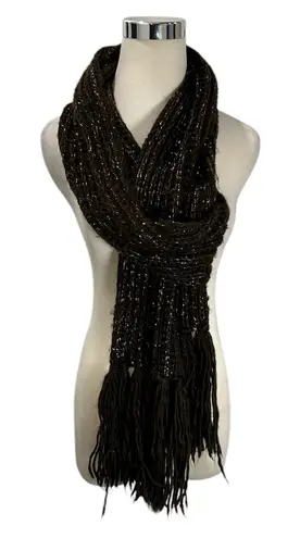 Women's Open Knit Scarf Brown w/Brass Metallic Fringe Winter 108” Long - Image 1