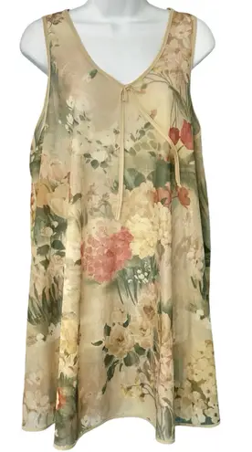 Vintage 90s Beige Pink Green Floral Roses Sheer Coquette Lingerie Dress size L Size L