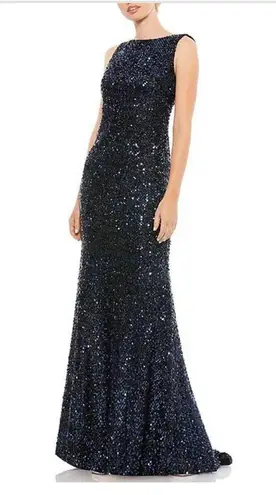 Mac Duggal Ieena Blue Cowl Draped Back Boat Neck All Over Sequined Dress Size 0