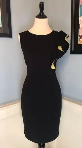 Black and Chartreuse Pencil Dress with Ruffle Detail Sz 8