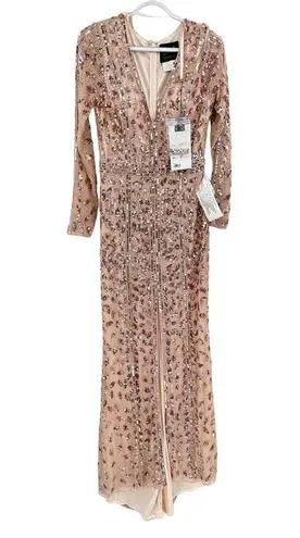 Mac Duggal 5002 Rose Gold Floral Pink Front Slit Beaded Sequin Gown 8 NWT