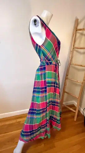 Polo Ralph Lauren Madrid Wrap Maxi Dress 8 Madras Plaid Midi Prep Coastal Pink Blue