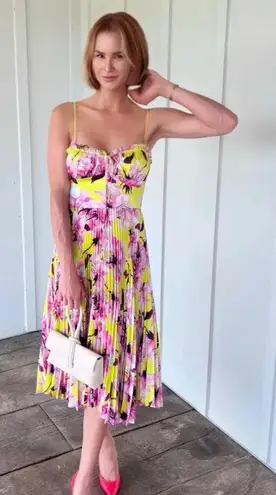 Delfi Collective Floral Pleated Midi Dress Size Small Pink Yellow Bustier