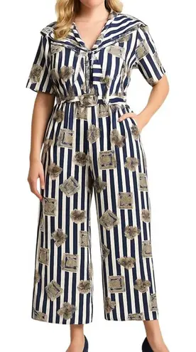 Vintage 90's Navy White Stripe Sailor Nautical Print Wide Leg‎ Jumpsuit Size 8 Blue