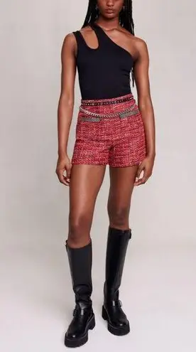 Maje Red High Waisted Boucle Shorts Tweed Parisian Preppy Women’s Size 40 Large