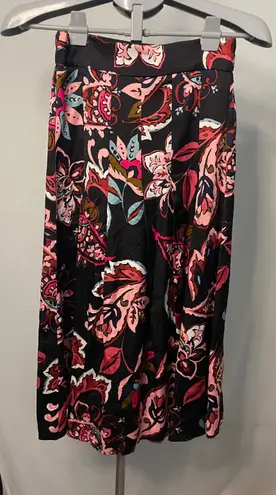 T Tahari Womens Floral Print Midi Skirt Elastic Waist Pink Black XS