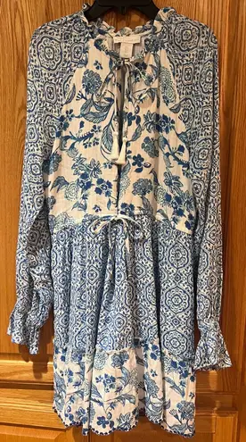 House of Harlow 1960 Boho Blue Floral Fringe Tiered Babydoll Mini Dress Small