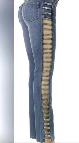 Y2K Brittany Rhinestone Cut Out Low Rise Light Wash Distressed Slim Jeans Size undefined