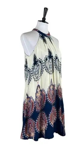 Jaase Boho Halter Tie Neck Swing Dress Cream Blue Multi Women’s Size Small
