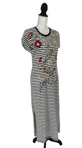 Johnny Was Osaka Striped Embroidered Short Sleeve Midi Dress