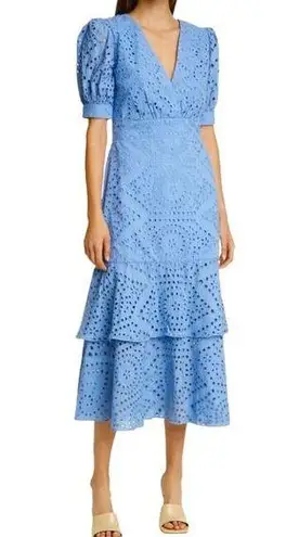 IORANE Laise Lace Midi Dress Blue Eyelet Tiered Ruffle Short Sleeve Dress Small