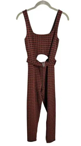 The Upside Houndstooth Farrah Catsuit Medium Jacquard Fitted Jumpsuit Cutout Brown
