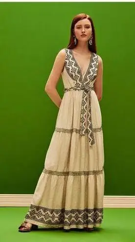 PatBO Sleeveless Linen Tan and Black Embroidery Maxi Sun Dress sz 6