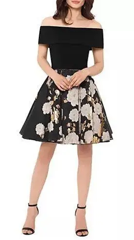 Betsy and Adam NWT Women’s Off the Shoulder Metallic Floral Black & Gold Dress Size 12