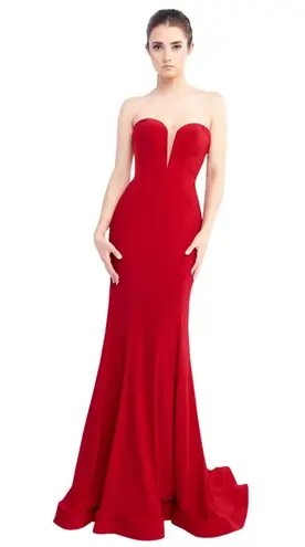 Mac Duggal Bustier Gown Women's 8 Red Strapless Sweetheart Maxi Pooled Train