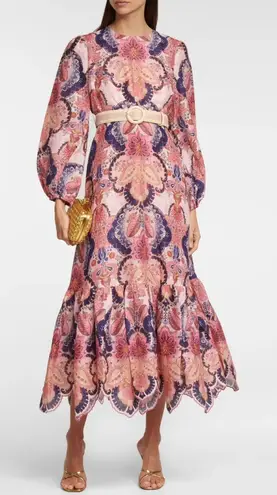 Zimmermann Laurel Billow Embroidered Linen Midi Dress Navy Baroque Floral 1 AU