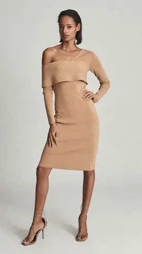 Reiss Ella Asymmetric Bodycon Dress Camel XL NWT