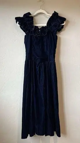 Handmade Vintage Velvet Blue Prom Event Evening Wedding Fancy Drop Waist Ruffle