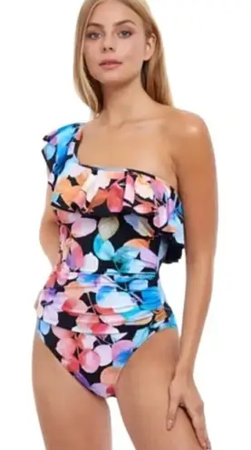 New! Profile by Gottex Color Rush Black Ruffle One Shoulder One Piece Sw… Size 14