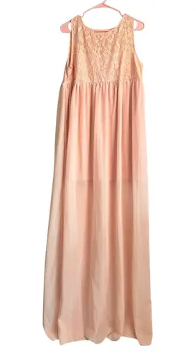 None Blush Pink Lace Chiffon Maxi Gown Sheer Overlay Lined Empire Waist Size XL